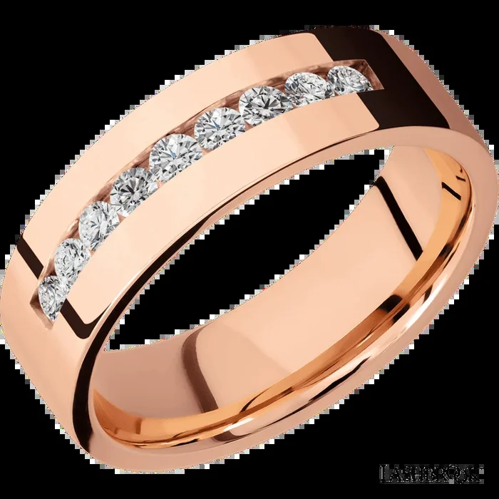 7 mm wide/Flat/14K Rose Gold band with an arrangement of 9, .05 carat Round Diamond stones in a Channel setting.