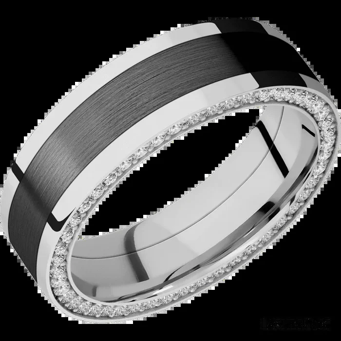 7 mm wide/Flat/14K White Gold band with one 4 mm Centered inlay of Zirconium and featuring a Side Eternity arrangement of .01 carat Round Diamond stones in a Bead Channel setting