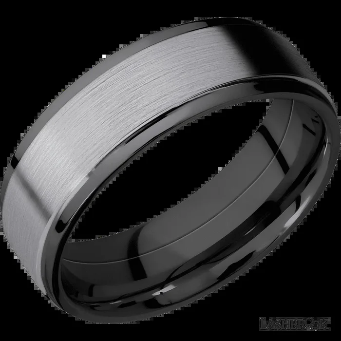 7 mm wide/Flat Grooved Edges/Zirconium band with one 5 mm Raised Centered inlay of Tantalum.