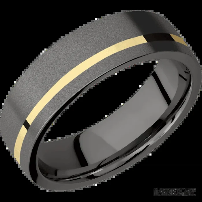 7 mm wide/Flat/Tantalum Noir band with one 1 mm Off Center inlay of 14K Yellow Gold.