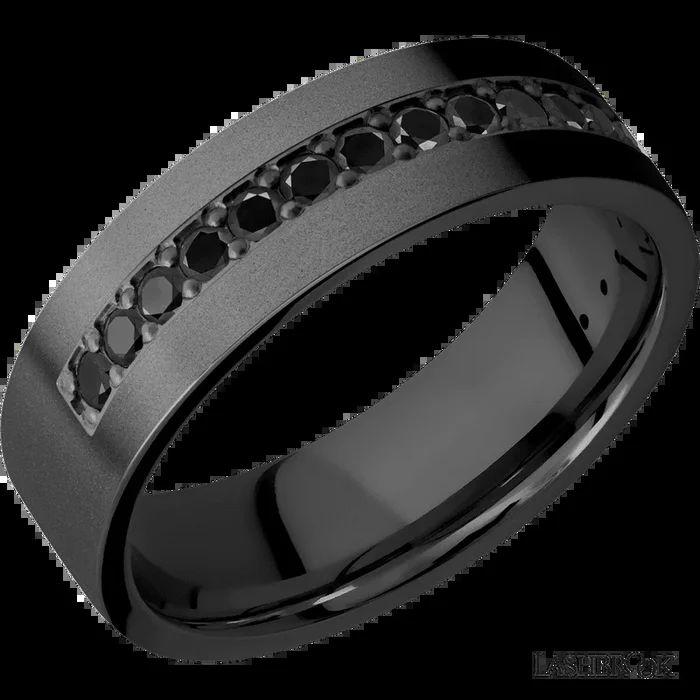 7 mm wide/Flat/Zirconium band with a Half Eternity arrangement of .03 carat Round Black Diamond stones in a Bead setting.