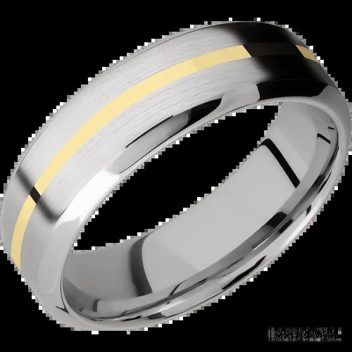 7 mm wide/High Bevel/14K White Gold band with one 1 mm Centered inlay of 14K Yellow Gold.
