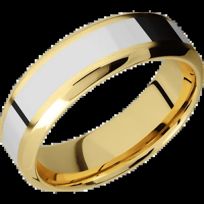 7 mm wide/High Bevel/14K Yellow Gold band with one 3 mm Centered inlay of 14K White Gold.