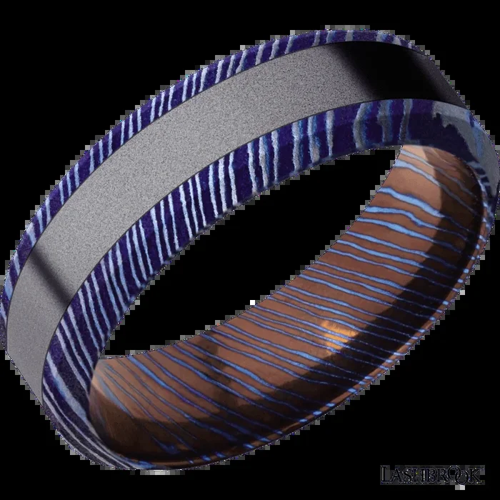 7 mm wide/High Bevel/Titanium Damascus band with one 3 mm Centered inlay of Tantalum.