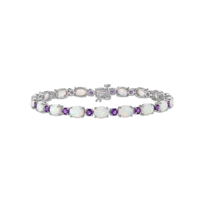 7X5MM Oval Opal and Amethyst 7.5-inch Tennis Bracelet in Rhodium Plated Sterling Silver