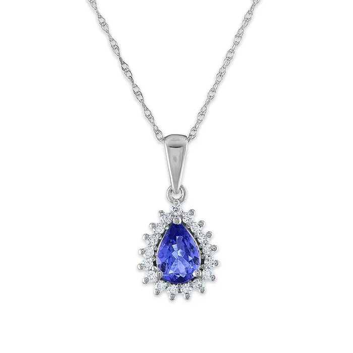 7X5MM Pear Tanzanite and Diamond Halo 18-inch Pendant in 14KT White Gold