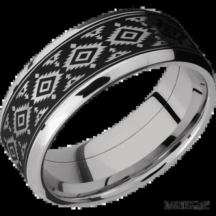 8 mm wide/Beveled/Cobalt Chrome band with one 6 mm Centered inlay of Tantalum with a laser carved Aztec 2 pattern.