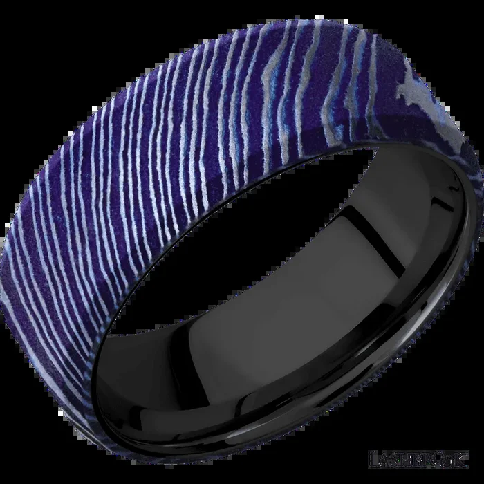 8 mm wide Beveled Titanium Damascus band featuring a Zirconium sleeve.