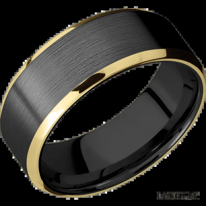 8 mm wide/Beveled/Zirconium band with two 1 mm Edge inlays of 14K Yellow Gold.