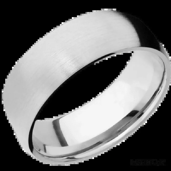8 mm wide/Domed/14K White Gold band with two 1 mm Sidebraid inlays of 14K White Gold and featuring a 3 Row Eternity arrangement of .015 carat Round Diamond stones in a Bead Channel setting