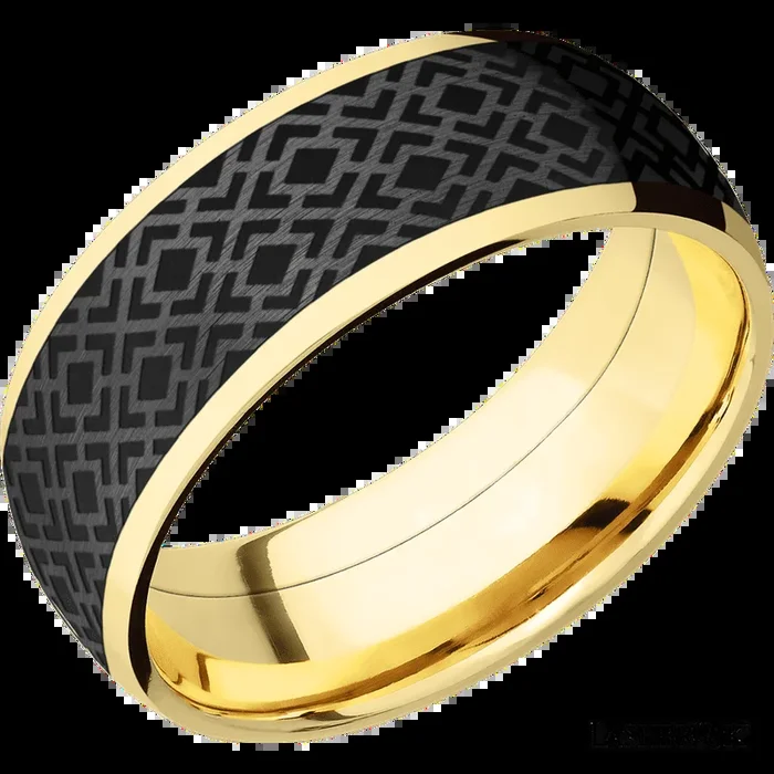 8 mm wide/Domed/14K Yellow Gold band with one 6 mm Centered inlay of Zirconium with a laser carved Trellis 2 pattern.