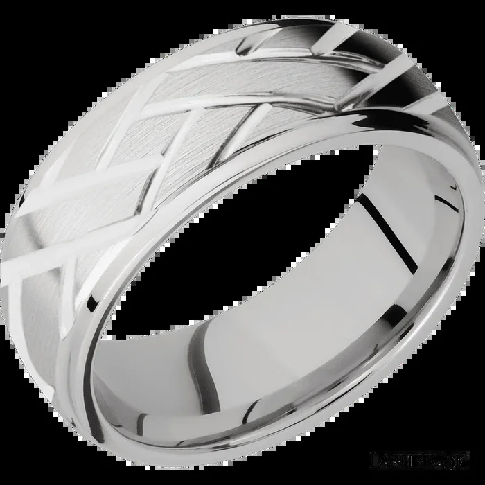 8 mm wide/Domed Stepped Down Edges/14K White Gold band with a machined Lattice pattern.