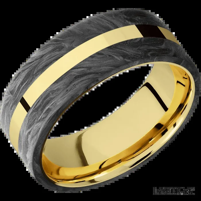 8 mm wide/Flat/14K Yellow Gold band with two 3 mm Double Off Center Edge inlays of Forged Carbon Fiber.