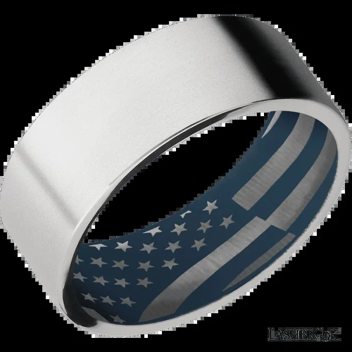 8 mm wide Flat Cobalt Chrome band featuring a Navy Blue sleeve.