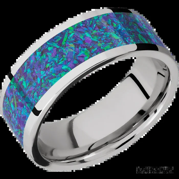 8 mm wide/Flat/Cobalt Chrome band with one 6 mm Centered inlay of Blue Green Opal.