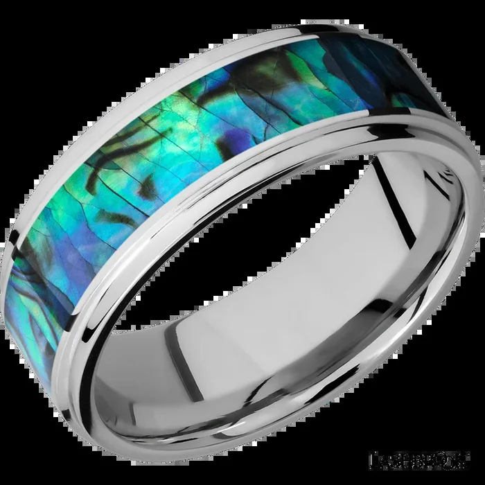 8 mm wide/Flat Grooved Edges/Cobalt Chrome band with one 5 mm Centered inlay of Abalone.