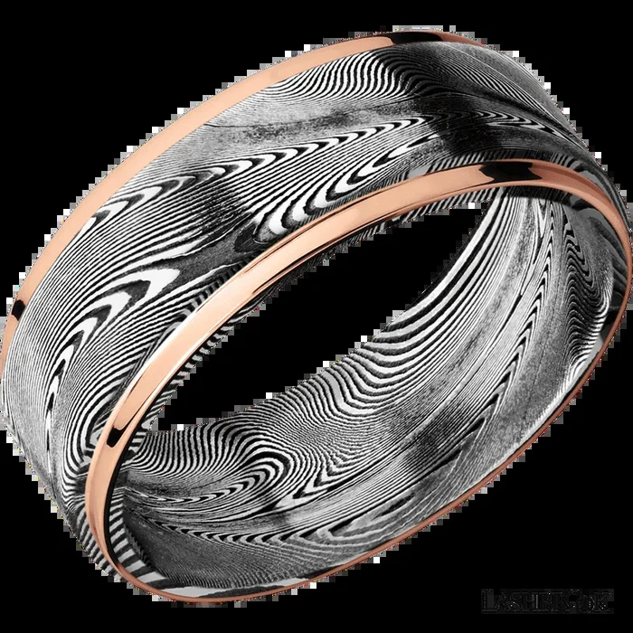 8 mm wide/Flat Grooved Edges/Tightweave band with two 1 mm Edge inlays of 14K Rose Gold.