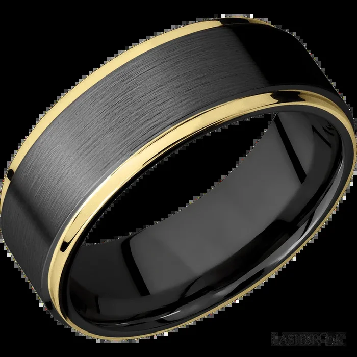 8 mm wide/Flat Grooved Edges/Zirconium band with two 1 mm Edge inlays of 14K Yellow Gold.