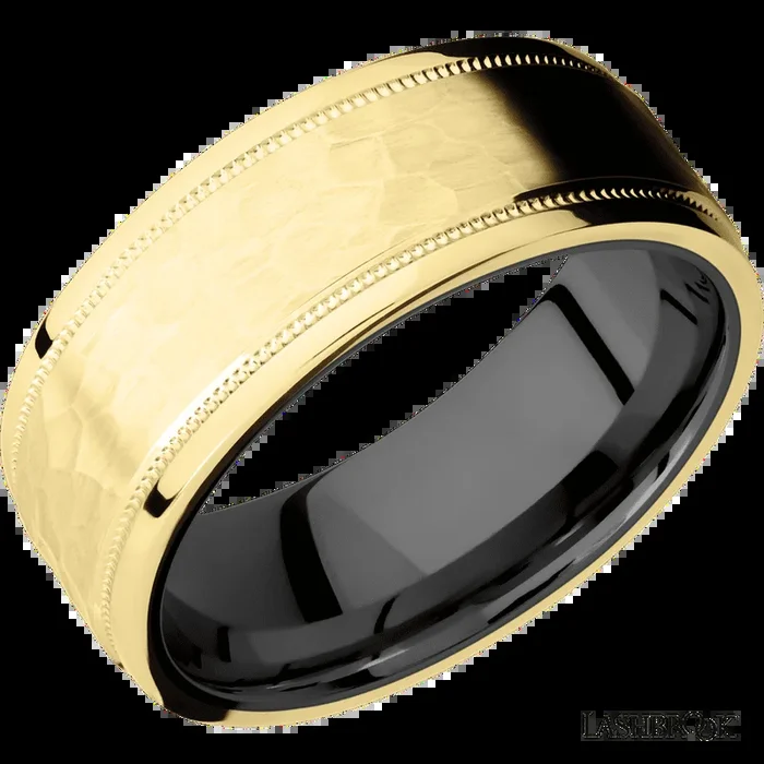 8 mm wide Flat Stepped Edges Milgrain 14K Yellow Gold band featuring a Zirconium sleeve.