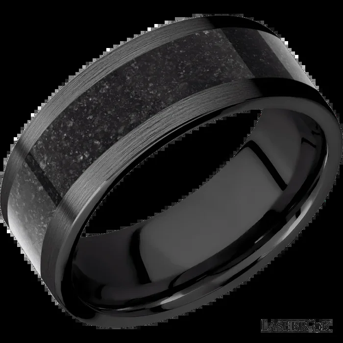 8 mm wide/Flat/Zirconium band with one 5 mm Centered inlay of Dinosaur Bone Black.