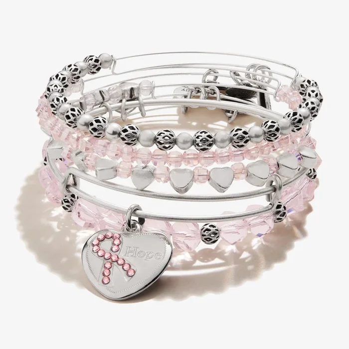 ‘Hope’ Pink Ribbon Charm Bangle, Set of 5