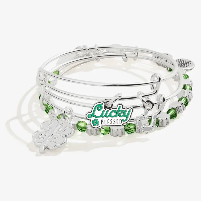‘Lucky And Blessed’ Lucky Clover Charm Bangles, Set of 3