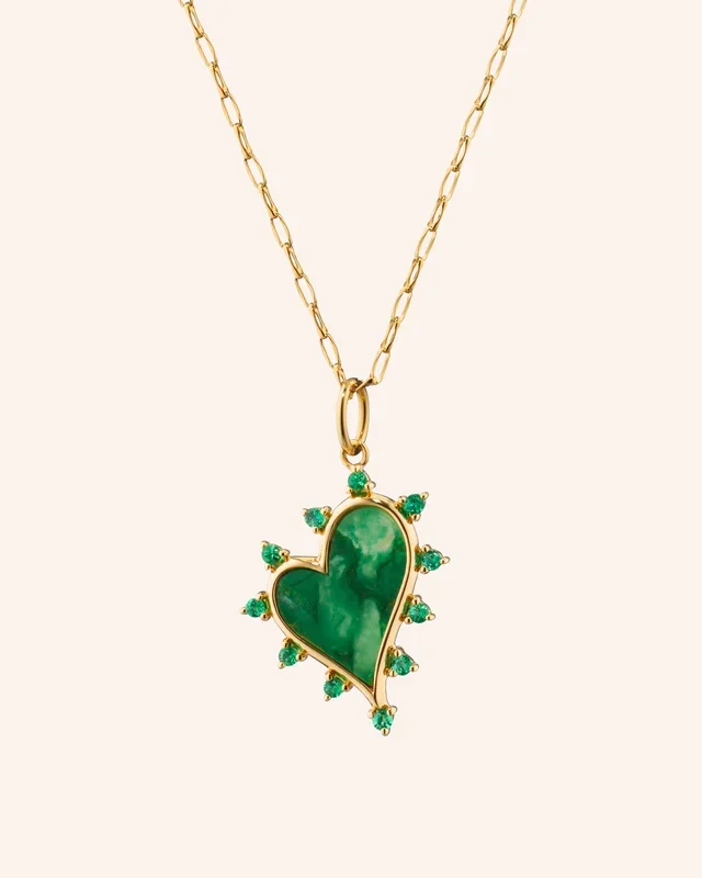 “Love” Heart 18K Gold Necklace with Aventurine and Emeralds