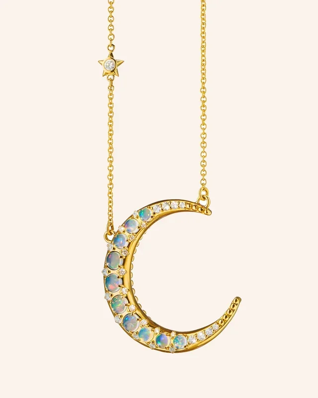 “Sun, Moon, and Stars” Water Opal Crescent Moon Necklace