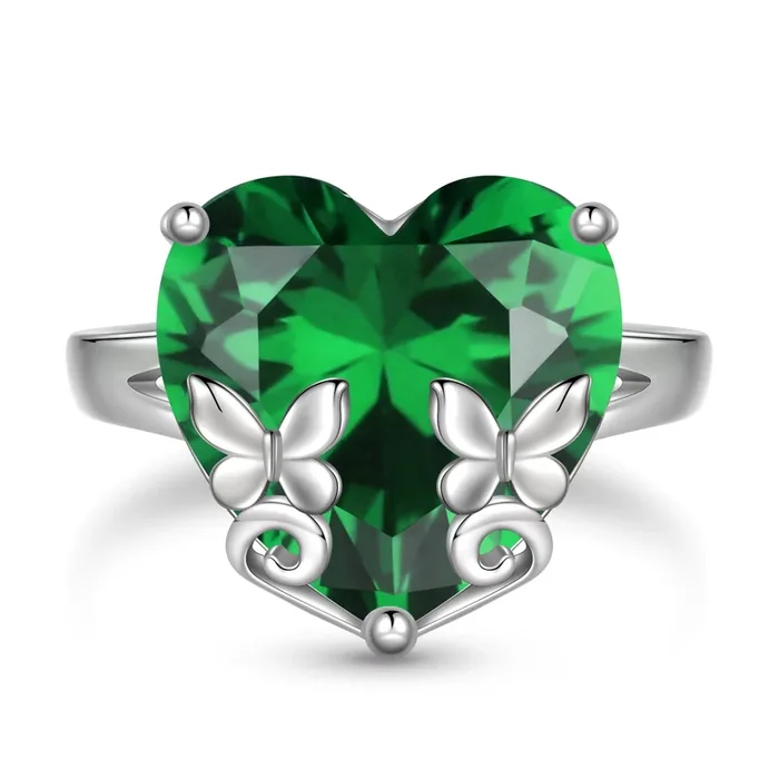 9-Karat-Herzring für Damen aus 925er Sterlingsilber mit Schmetterlingsmotiv, Geburtsstein Mai, Smaragdgrün, Solitärring – Schmuckstück, Geschenk zum Geburtstag oder Muttertag