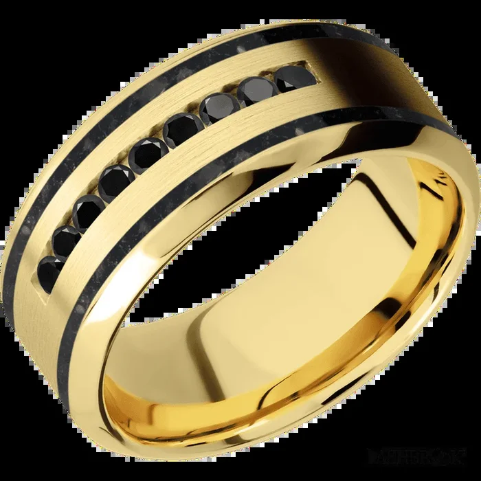9 mm wide/High Bevel/14K Yellow Gold band with two 1 mm Wide inlays of Black Onyx and featuring an arrangement of 9, .03 carat Round Black Diamond stones in a Channel setting