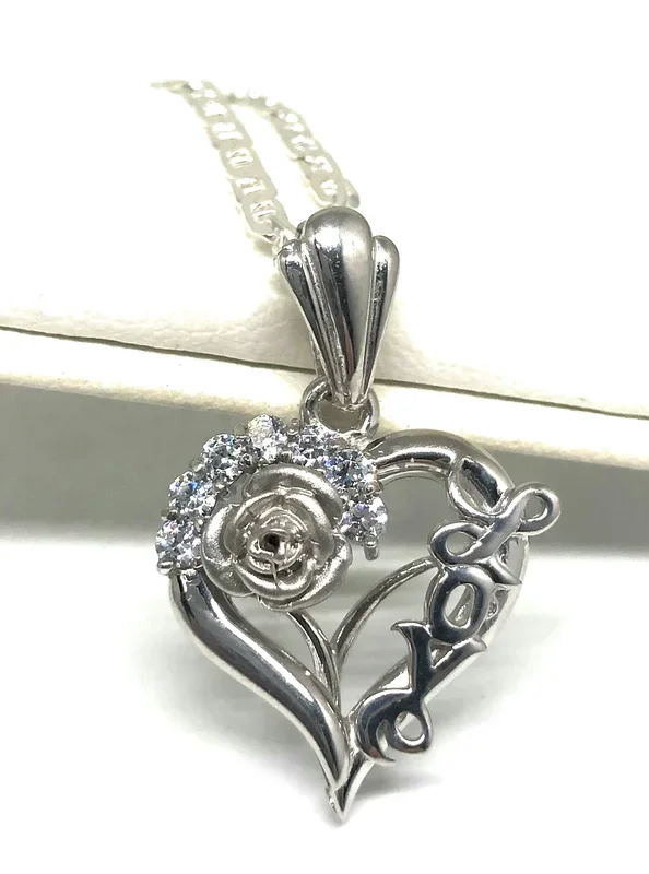 .925 Silver & White Gold Rhodium Heart & Rose Love Pendant CZ Necklace with Chain Options
