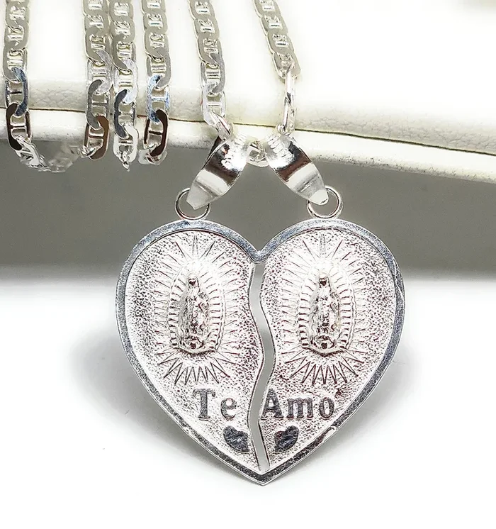 .925 Silver DOUBLE VIRRGIN MARY “TE AMO” SMALL HEART SPLIT Pendant Necklace (MADE IN MX) (SM,MED,LG)