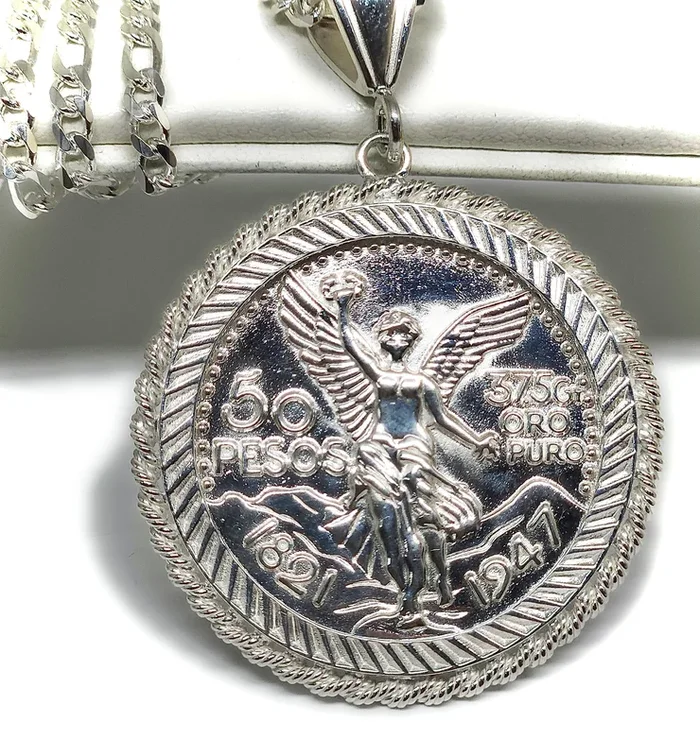 .925 Silver MEXICAN CENNTENARIO 50 PESOS COIN PENDANT NECKLACE (COPY OF ORIGINAL)