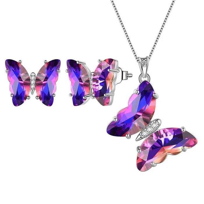 925 Sterling Silber Schmetterling Schmuckset 3PCS Geburtsstein Kristall Damen Schmuck Geschenke