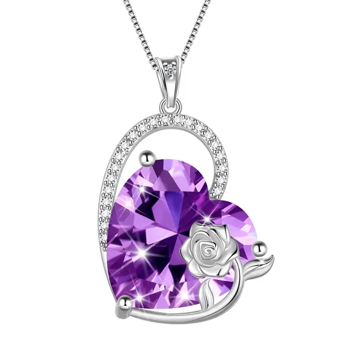 925 Sterling Silver 15MM Heart Necklace Women February Birthstone Amethyst Jewelry Purple Rose Flower Pendant Mother Birthday Valentine’s Day Gift