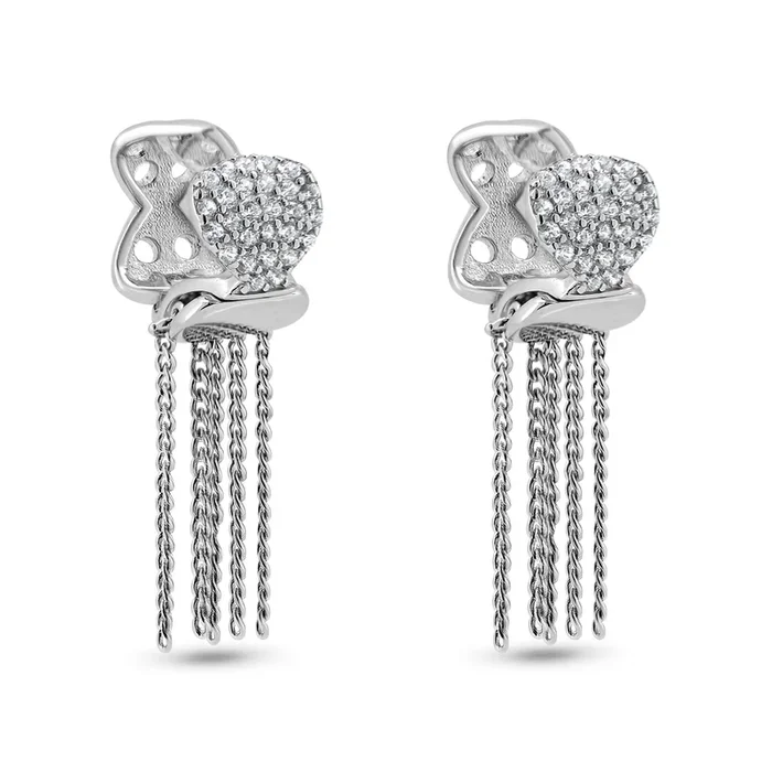 925 Sterling Silver Rhodium Plated Tassel CZ Hoop Earring – STE01355
