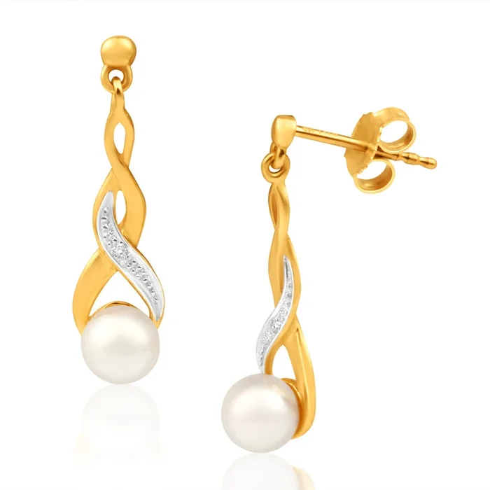 9ct Elegant Yellow Gold Diamond + Pearl Drop Earrings