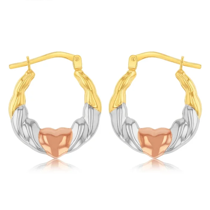 9ct Multitone Gold Silverfilled Heart Patterned Hoop Earrings