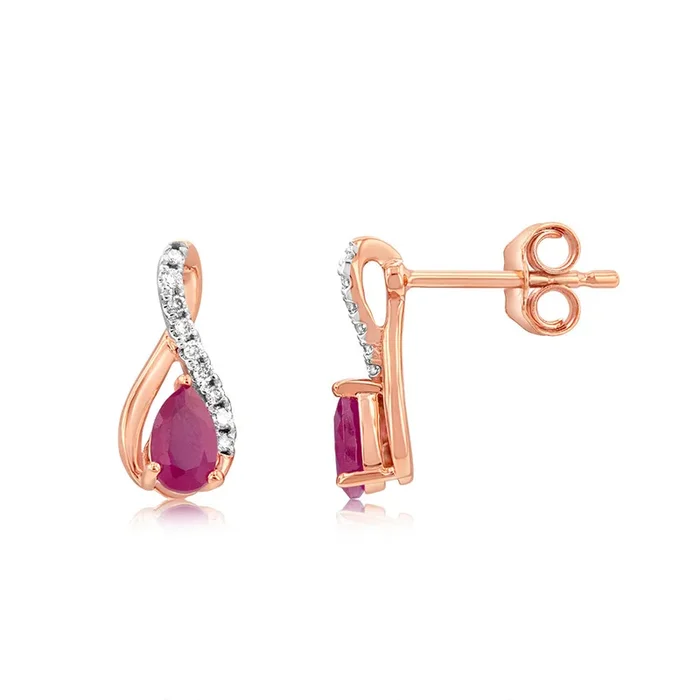9ct Rose Gold Diamond And Created Pear Ruby Stud Earrings