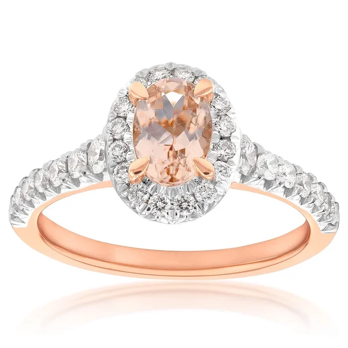 9ct Rose Gold Morganite and Diamond Oval Halo Ring