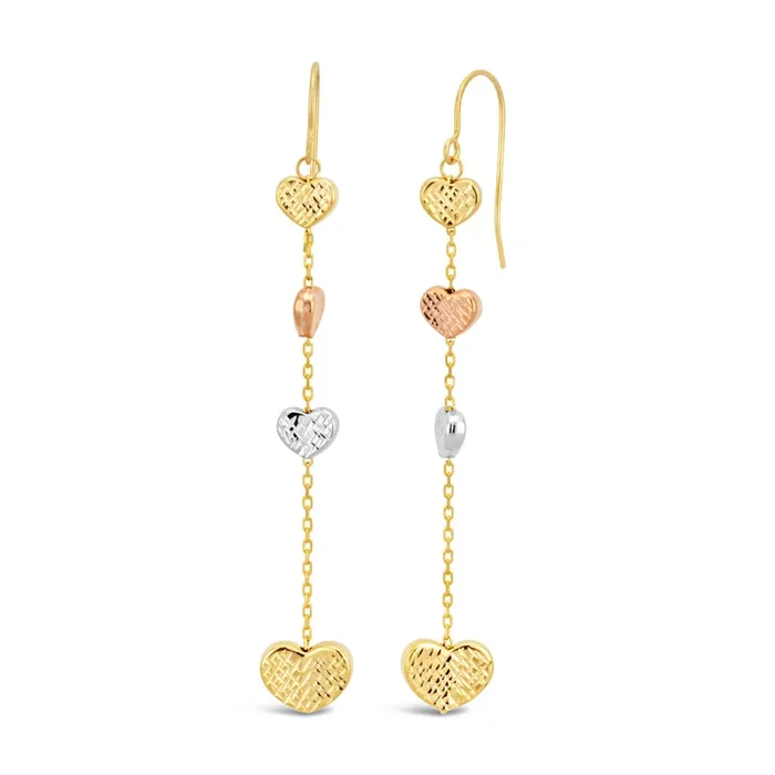 9ct Three-Tone Diamond Cut Hearts Drop Hook Earrings
