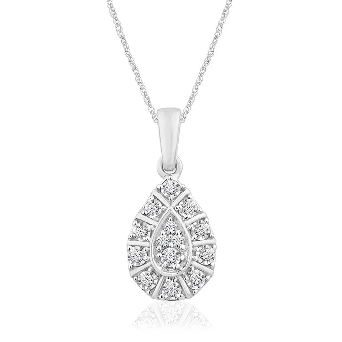 9ct White Gold Pear Shape Cluster Diamond Pendant On 45cm Chain