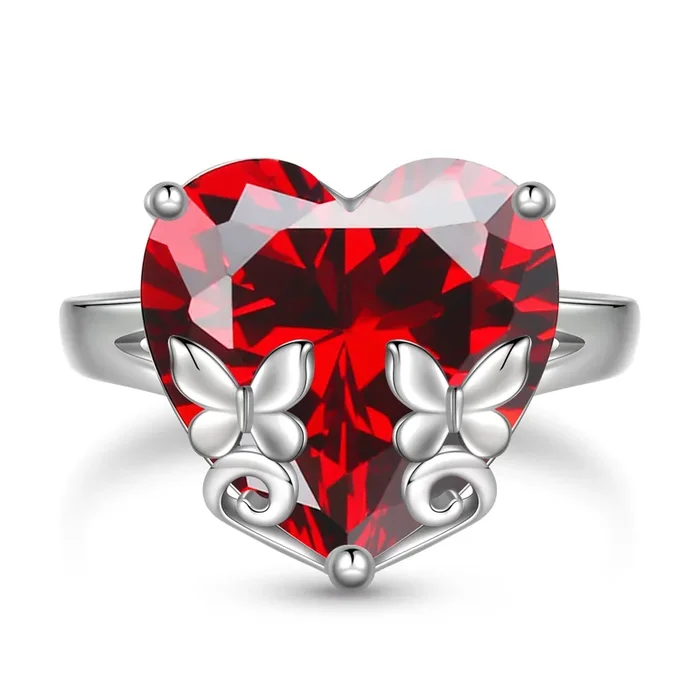 9Ct Women Heart Ring 925 Sterling Silver Butterfly January Birthstone Red Garnet Solitaire Ring Jewelry Mother Birthday Valentine’s Day Gift