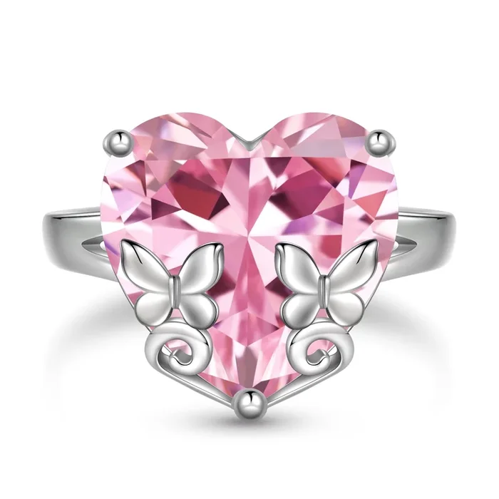9Ct Women Heart Ring 925 Sterling Silver Butterfly October Birthstone Tourmaline Pink Solitaire Ring Jewelry Mother Birthday Valentine’s Day Gifts
