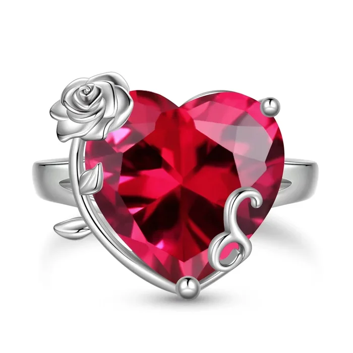 9Ct Women Heart Ring 925 Sterling Silver Rose Flower July Birthstone Ruby Red Solitaire Ring Jewelry Mother Birthday Valentine’s Day Gift