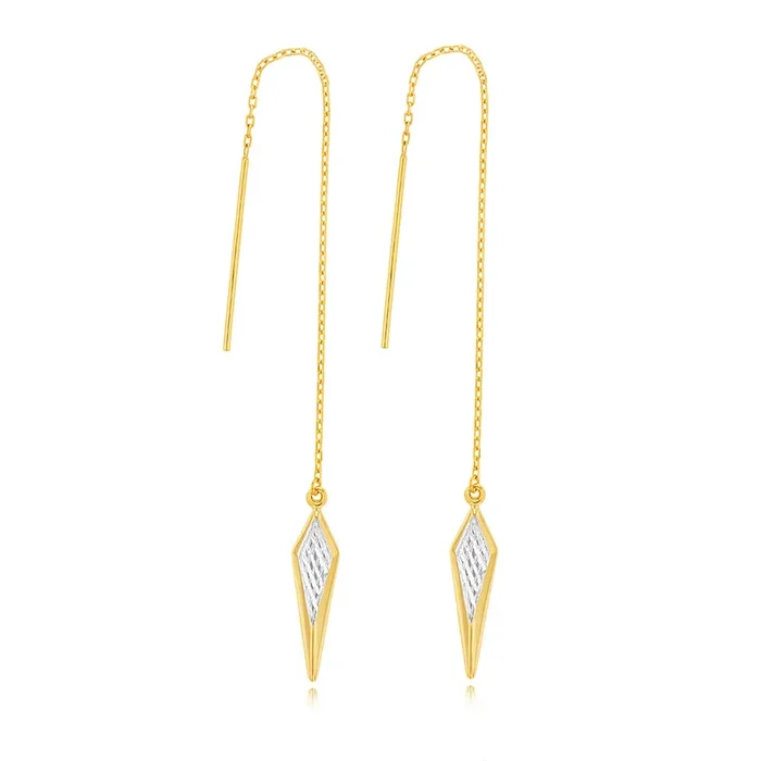 9ct Yellow And White Gold Two Tone Fancy Diamond Shape Drop Threader Earrings