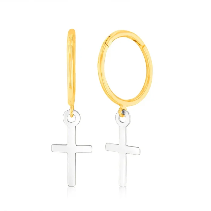 9ct Yellow And White Two Tone Gold Cross On Sleeper Earrings