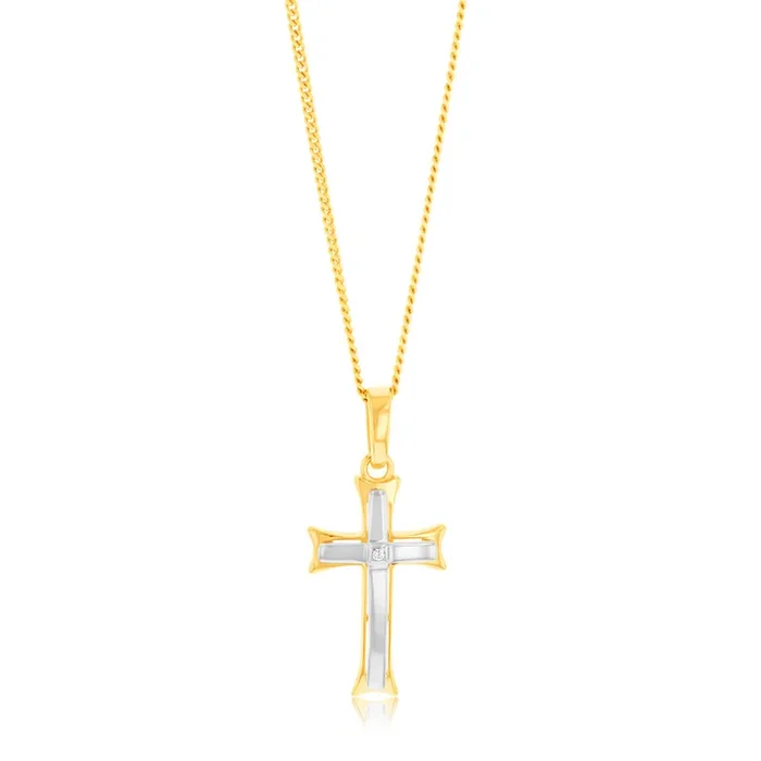 9ct Yellow And White Two-Tone Gold Fancy 19mm X 10mm Cross Pendant