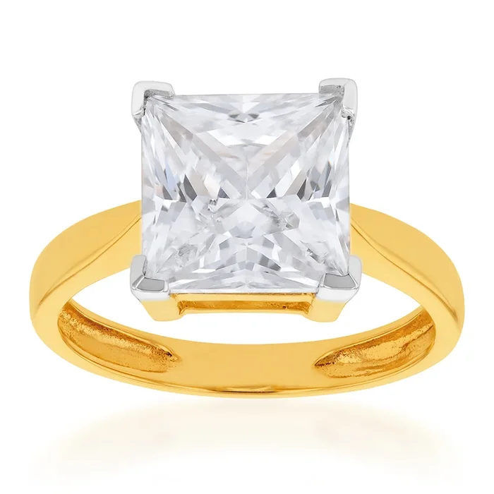 9ct Yellow Gold 3.00ct Diamond Equivalent 9.5mm Princess Cut Zirconia Solitaire