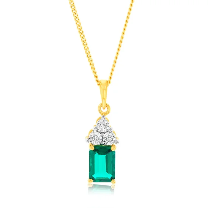 9ct Yellow Gold 7mm Created Emerald And Diamond Pendant